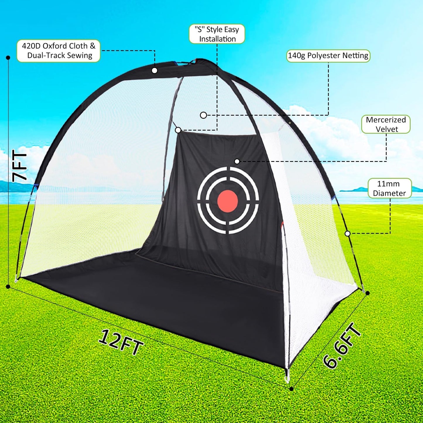 Golf Practice Net Set with Real Balls, Turf Mat, Tees, Hat, Target, and Bag - Available in 10x7ft and 12x7ft for Indoor and Outdoor Use, Ideal Gift for Golf Enthusiasts