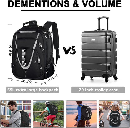 Extra Large 18.4-Inch Laptop Backpack for Men, 55L-60L Capacity, Gaming-Compatible with USB Charging Port, TSA-Friendly, RFID Anti-Theft Pocket, Water Resistant, Ideal for Travel and Business Use