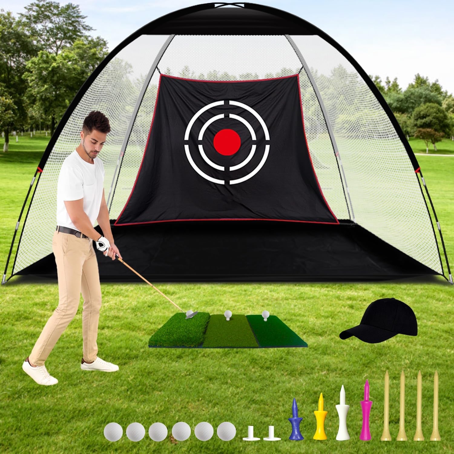 Golf Practice Net Set with Real Balls, Turf Mat, Tees, Hat, Target, and Bag - Available in 10x7ft and 12x7ft for Indoor and Outdoor Use, Ideal Gift for Golf Enthusiasts