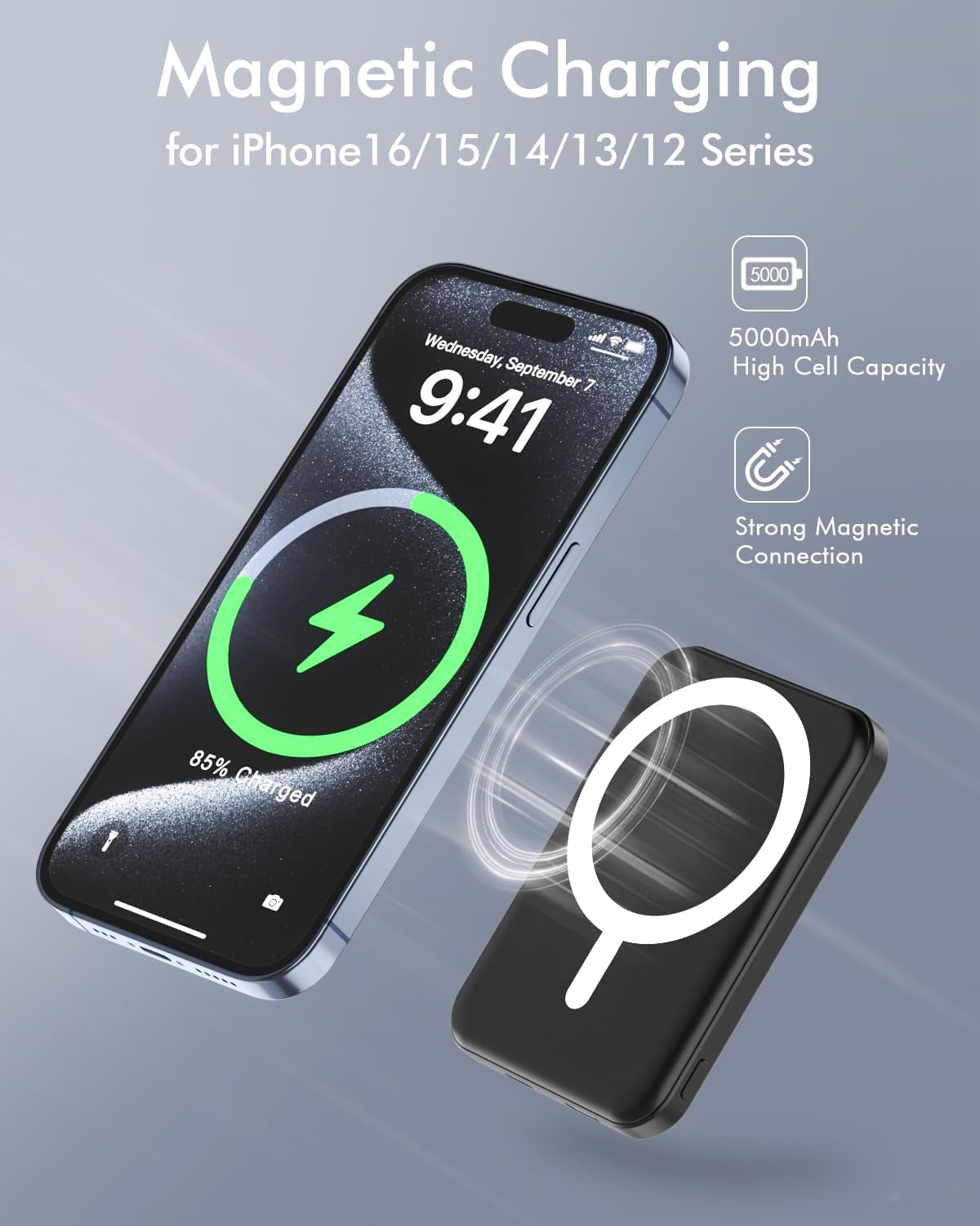 for Magsafe Battery Pack, 5000Mah Magnetic Power Bank with Type-C Cable 20W PD Fast Charging Lighting Input Wireless Portable Charger for Iphone 16/15/14/13/12/ All Series-Black