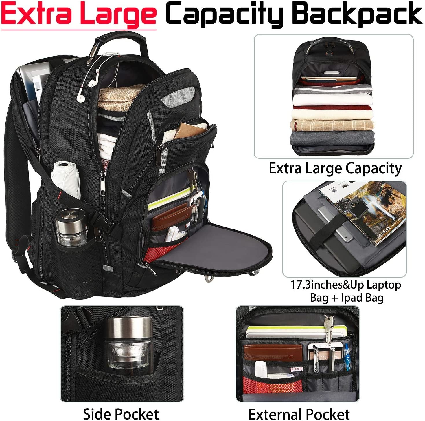 Extra Large 18.4-Inch Laptop Backpack for Men, 55L-60L Capacity, Gaming-Compatible with USB Charging Port, TSA-Friendly, RFID Anti-Theft Pocket, Water Resistant, Ideal for Travel and Business Use