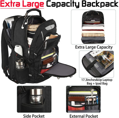 Extra Large 18.4-Inch Laptop Backpack for Men, 55L-60L Capacity, Gaming-Compatible with USB Charging Port, TSA-Friendly, RFID Anti-Theft Pocket, Water Resistant, Ideal for Travel and Business Use