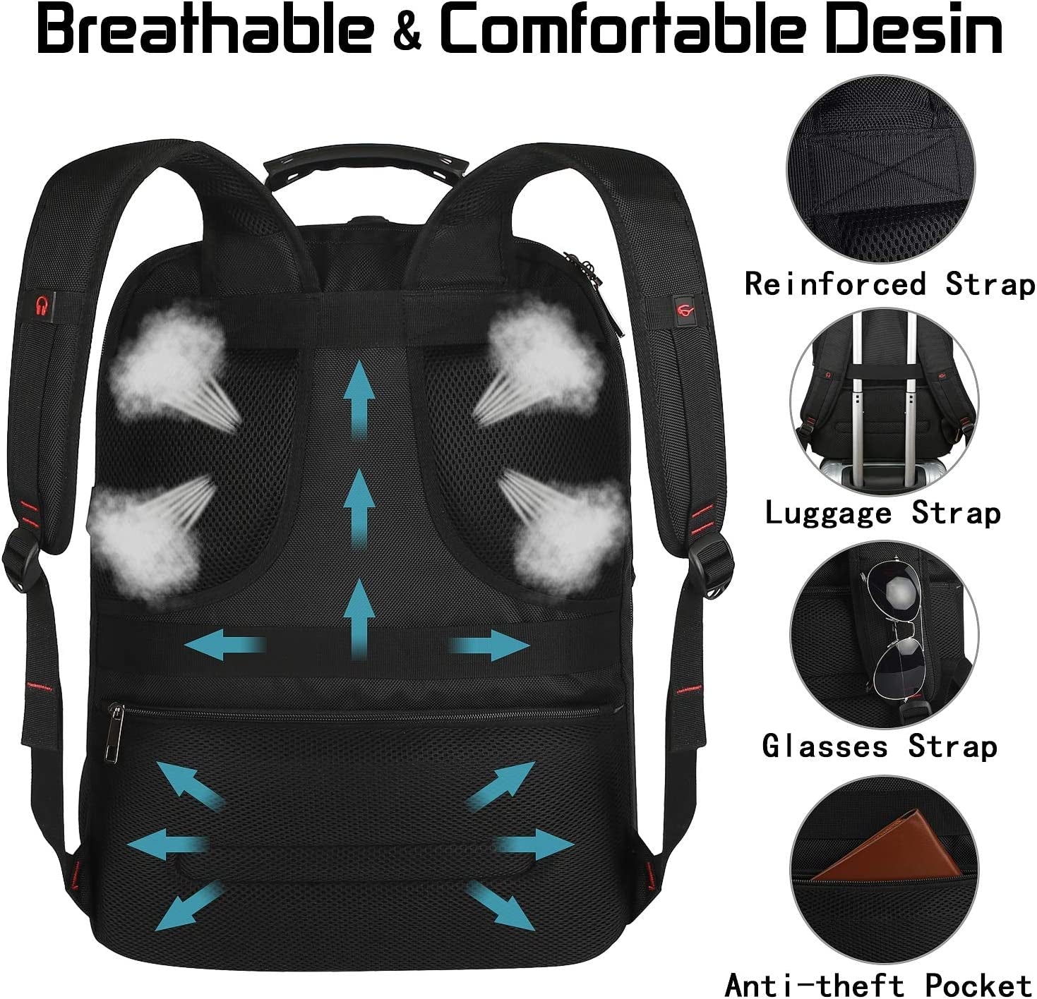 Extra Large 18.4-Inch Laptop Backpack for Men, 55L-60L Capacity, Gaming-Compatible with USB Charging Port, TSA-Friendly, RFID Anti-Theft Pocket, Water Resistant, Ideal for Travel and Business Use