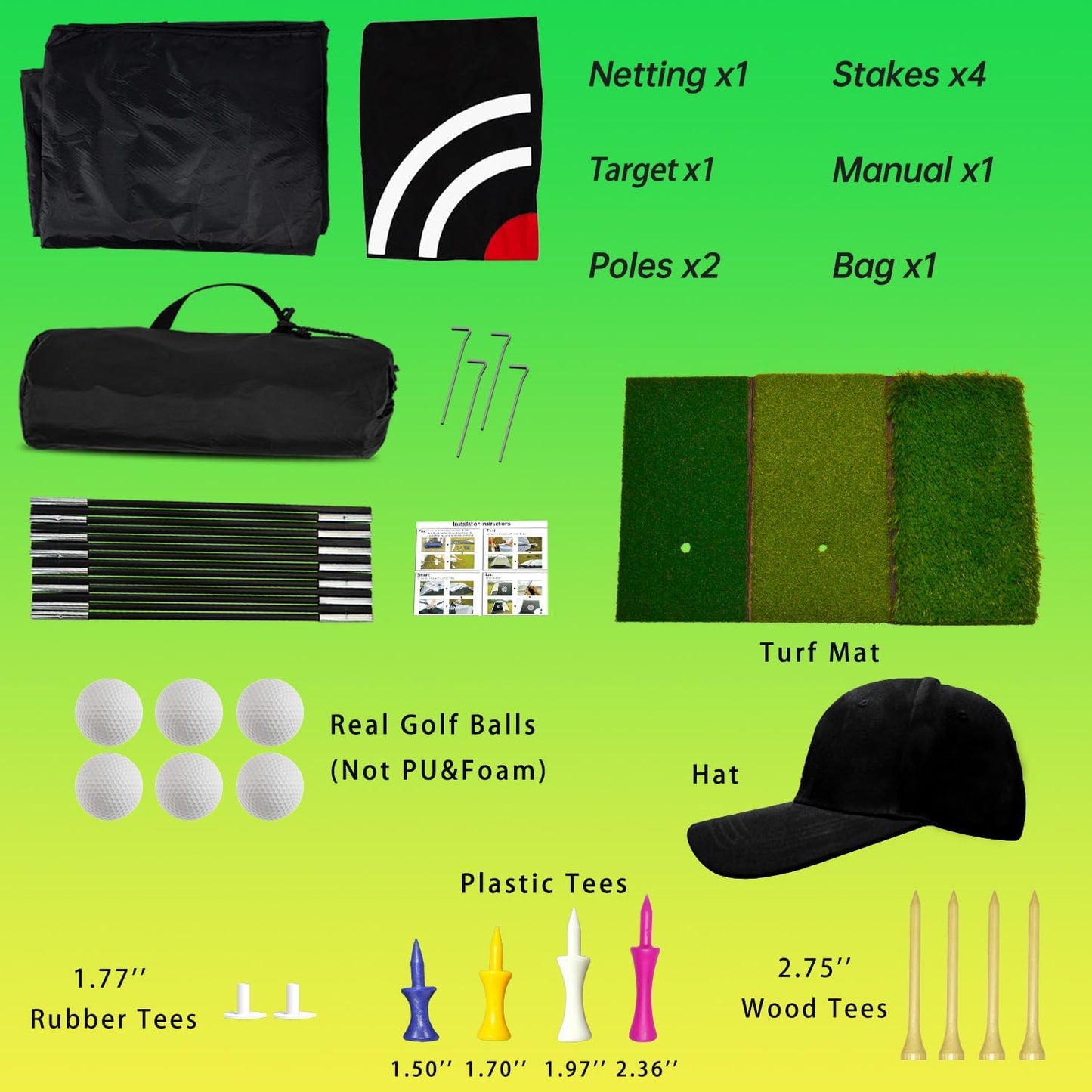 Golf Practice Net Set with Real Balls, Turf Mat, Tees, Hat, Target, and Bag - Available in 10x7ft and 12x7ft for Indoor and Outdoor Use, Ideal Gift for Golf Enthusiasts